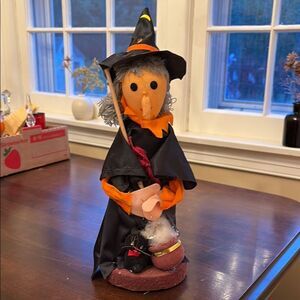 Vintage Halloween Witch Figurine with Broom Cat